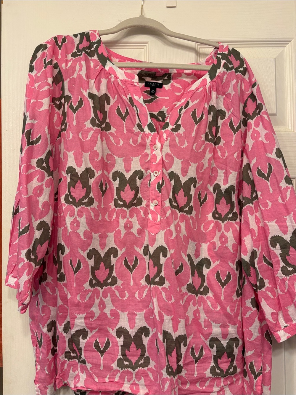 Talbots Pink and Gray Printed Split-Neck Tunic